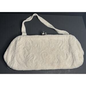 Saks Fifth Avenue Ivory Beaded Satin Evening Bag Formal Special Occasion